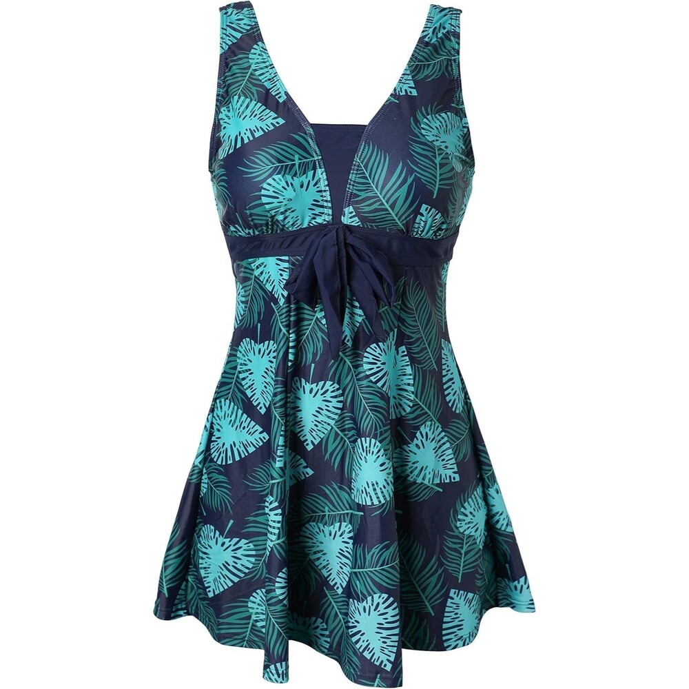 ECUPPER Womens One Piece Swimdress Shaping Body Blue Tropical Palm Print XL